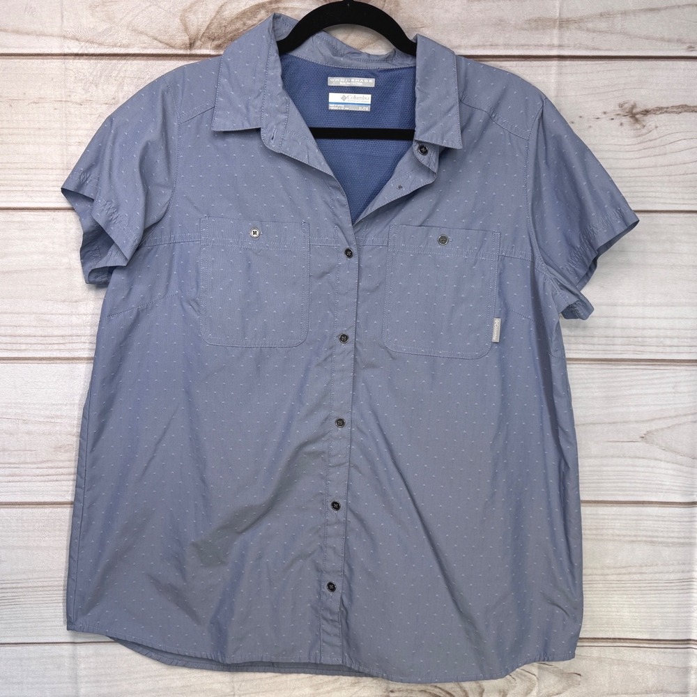 Columbia Omni-Shade Men's XL Blue Short Sleeve Hiking Fishing Button Up Shirt